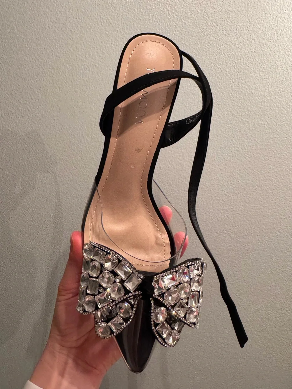 TOP Moda Black Pointed Slingback Heels with Crystal Bow